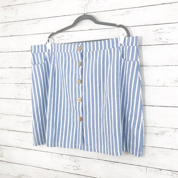 Cotton Blend Blue & White Striped Buttoned Skirt - Picture 1 of 4